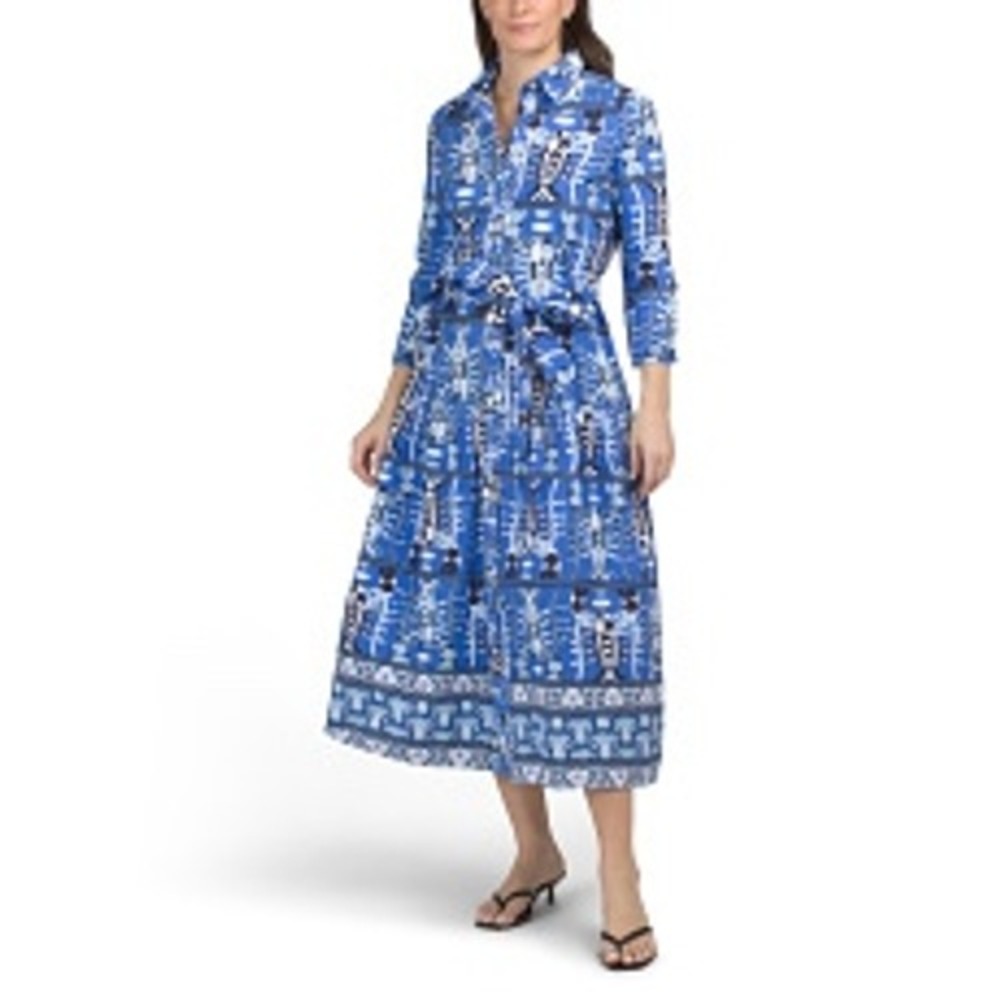Jude‎ Connally  Midi Shirt Dress Tie Waist 3/4 Sleeve Coastal seaside/fish print